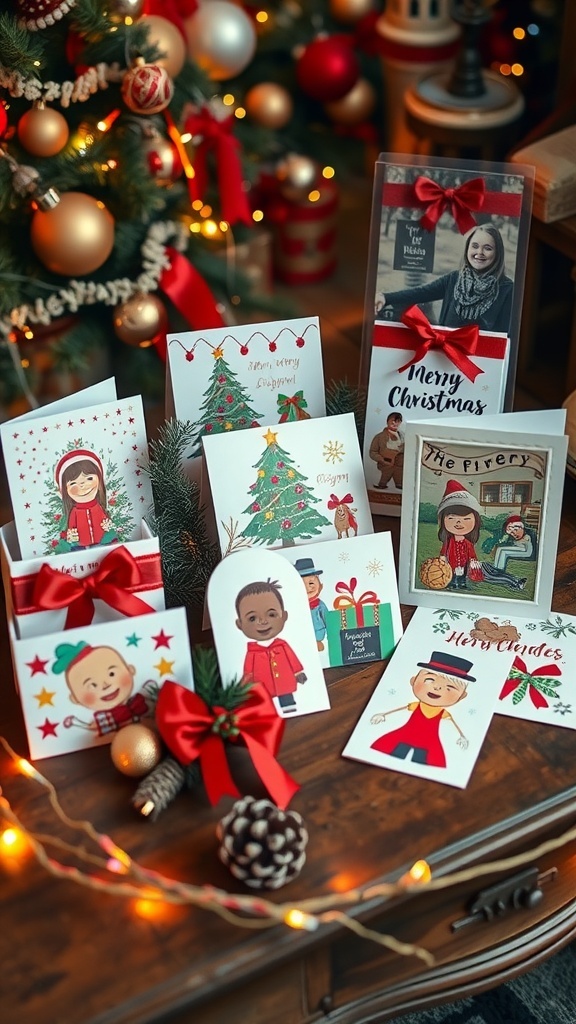 A collection of festive Christmas cards with personal photos and decorations on a wooden table.